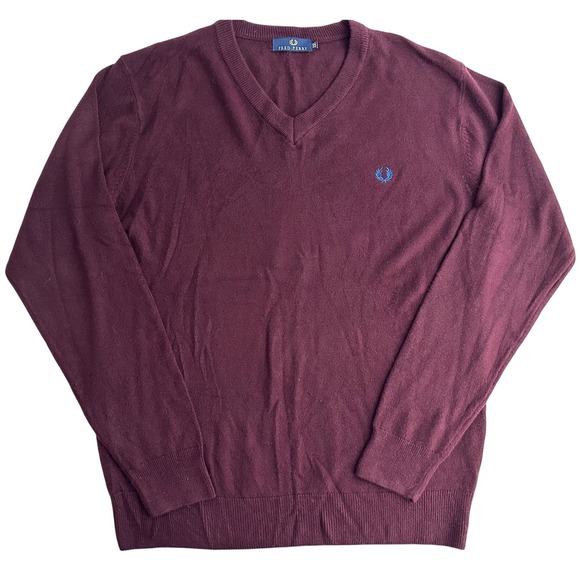 Fred Perry Men's XXL Sweater 100% Cashmere V Neck Burgundy Pullover Logo 2XL - Picture 1 of 9